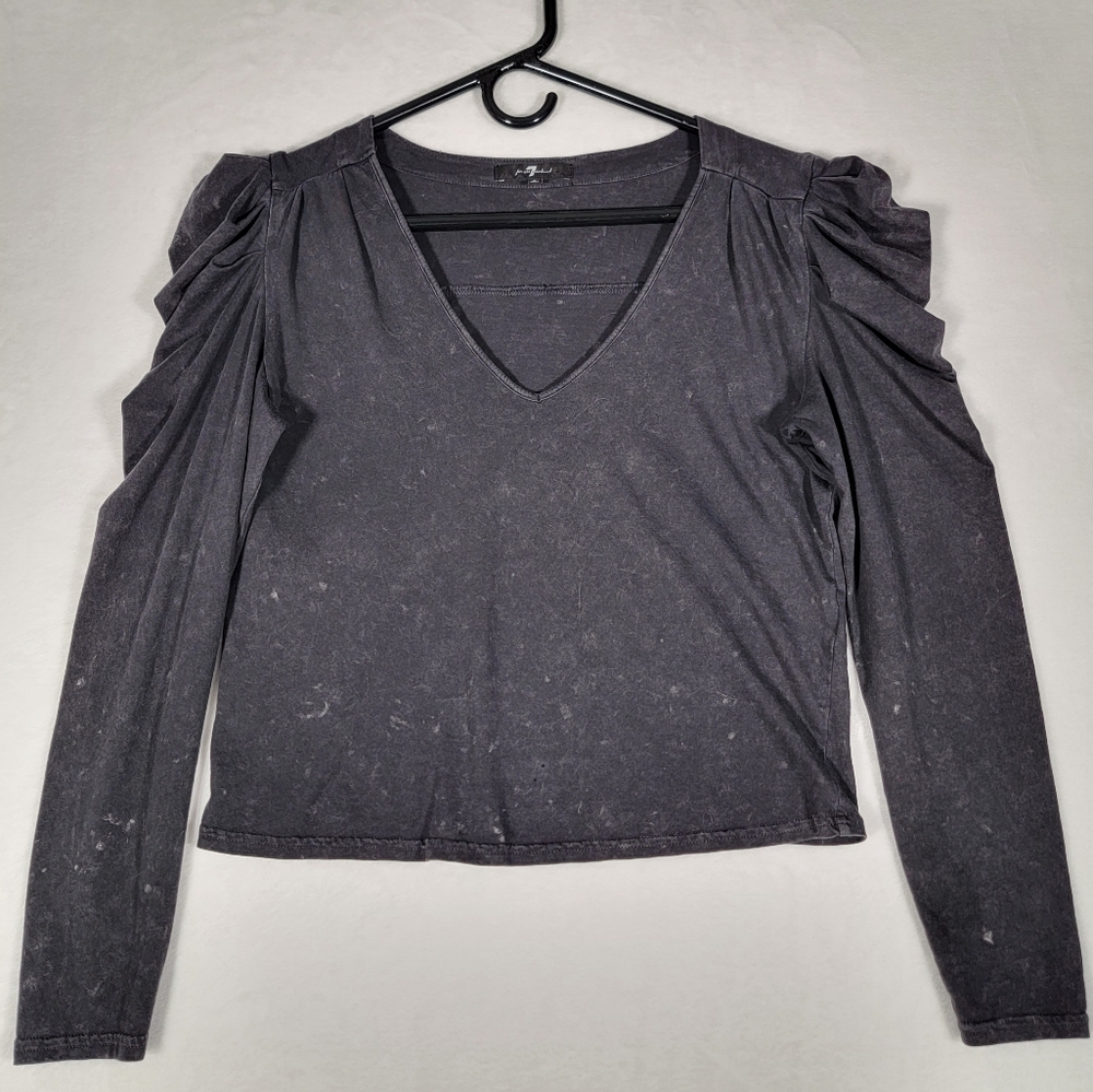7 For All Mankind Puff Shoulder Long Sleeve Top in Black, Size S